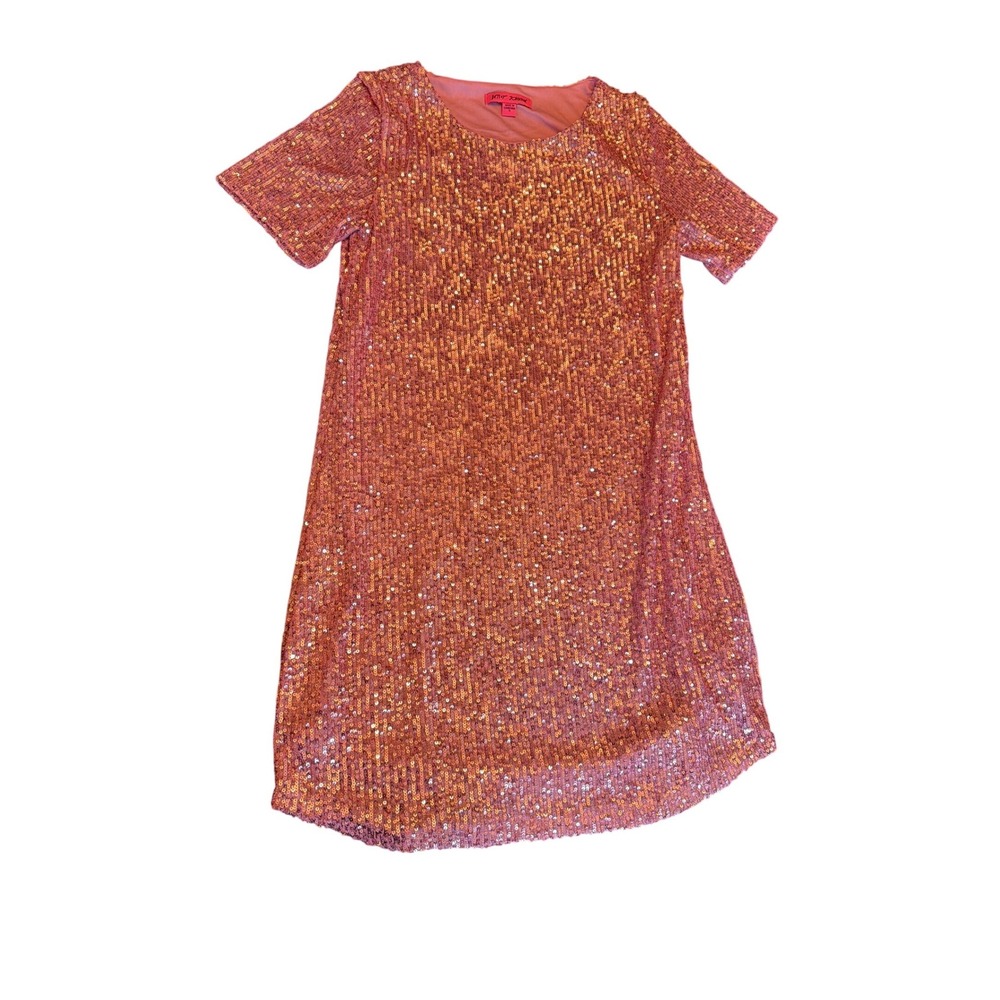 Betsey Johnson Dress Pink‎ Sequin Shift JL48986W Short Sleeve Mini Glam Party S